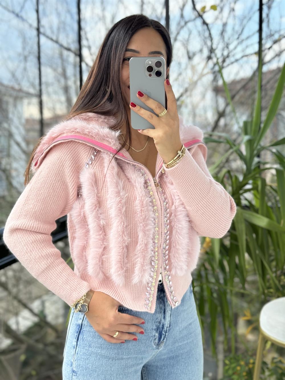 İthal Kürklü Taşlı Fermuarlı Hırka Pembe