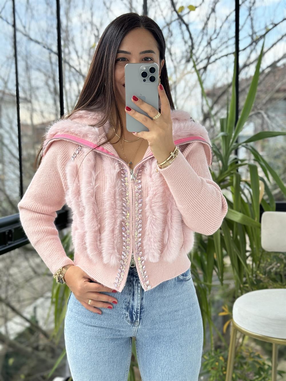 İthal Kürklü Taşlı Fermuarlı Hırka Pembe