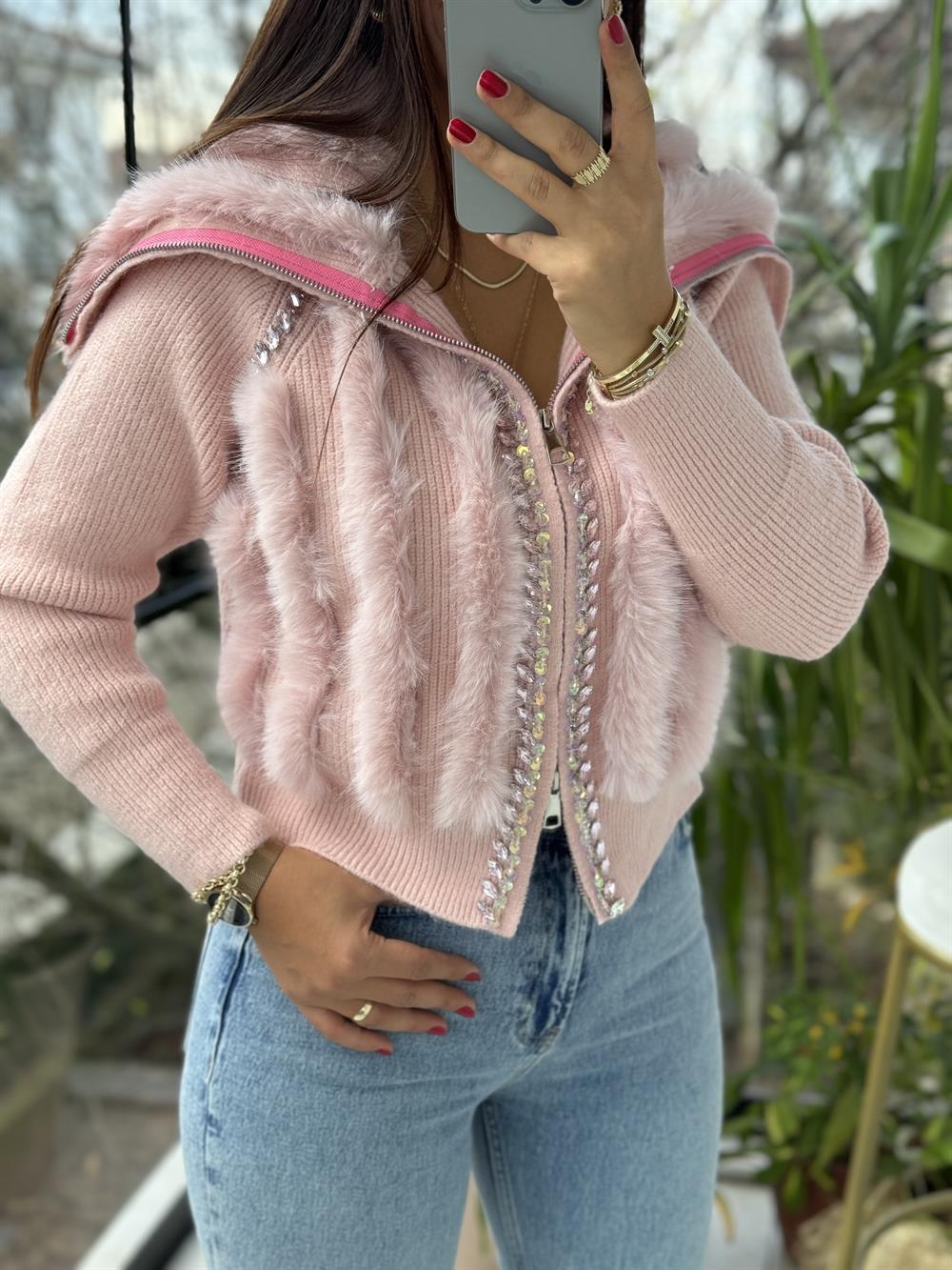 İthal Kürklü Taşlı Fermuarlı Hırka Pembe