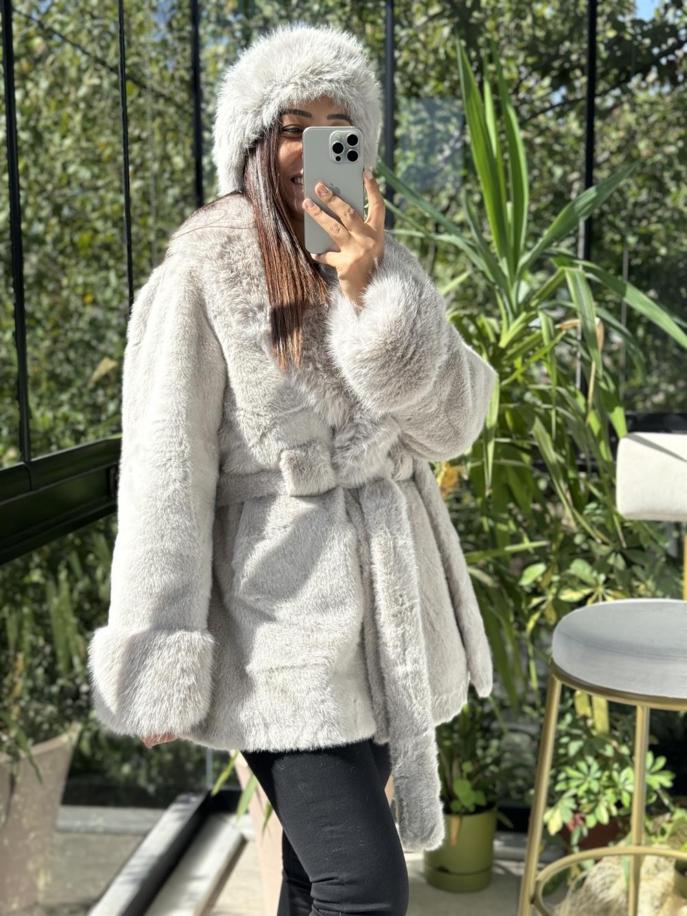 İthal Kuşaklı Kürk Gri