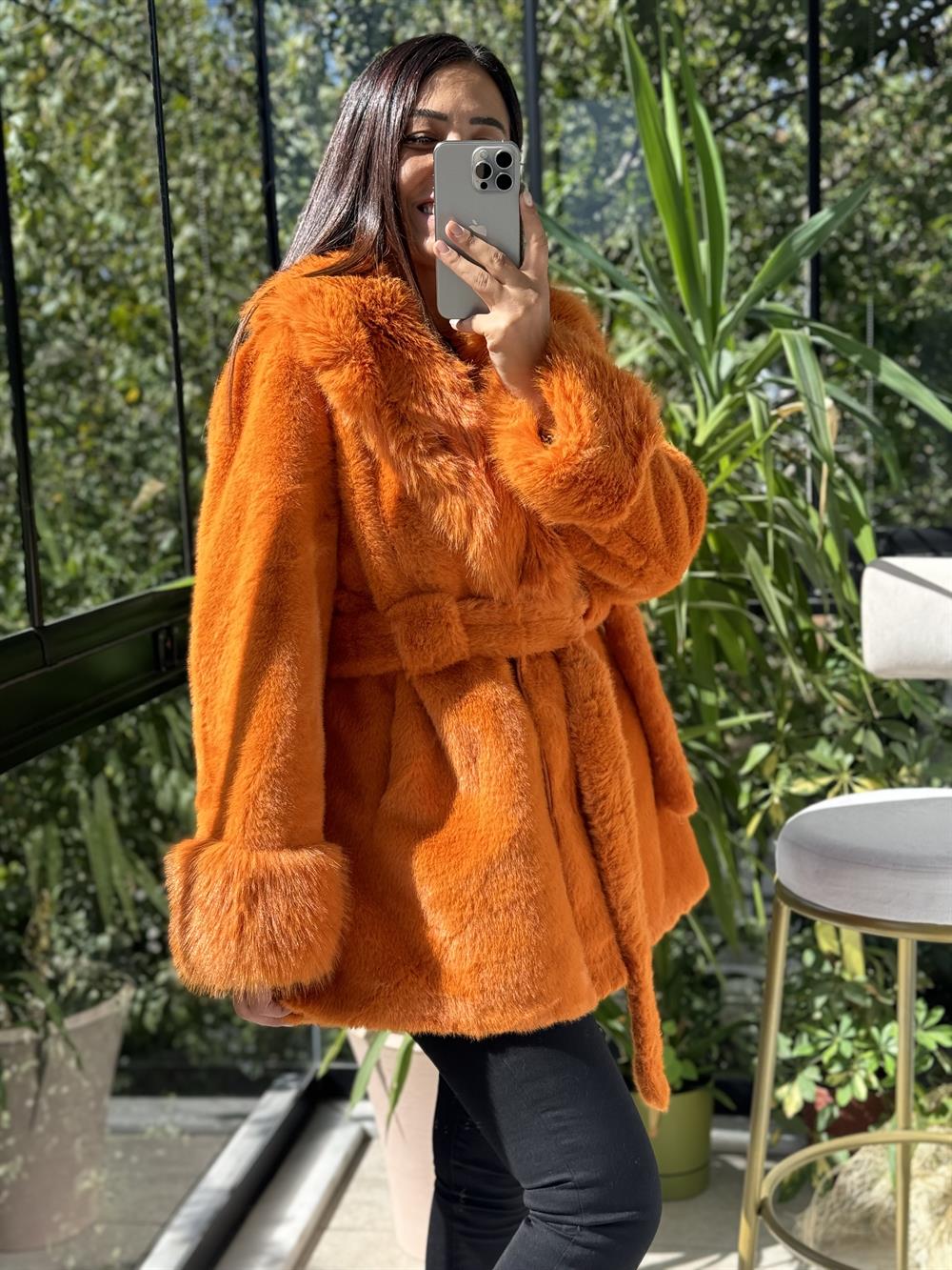 İthal Kuşaklı Kürk Turuncu