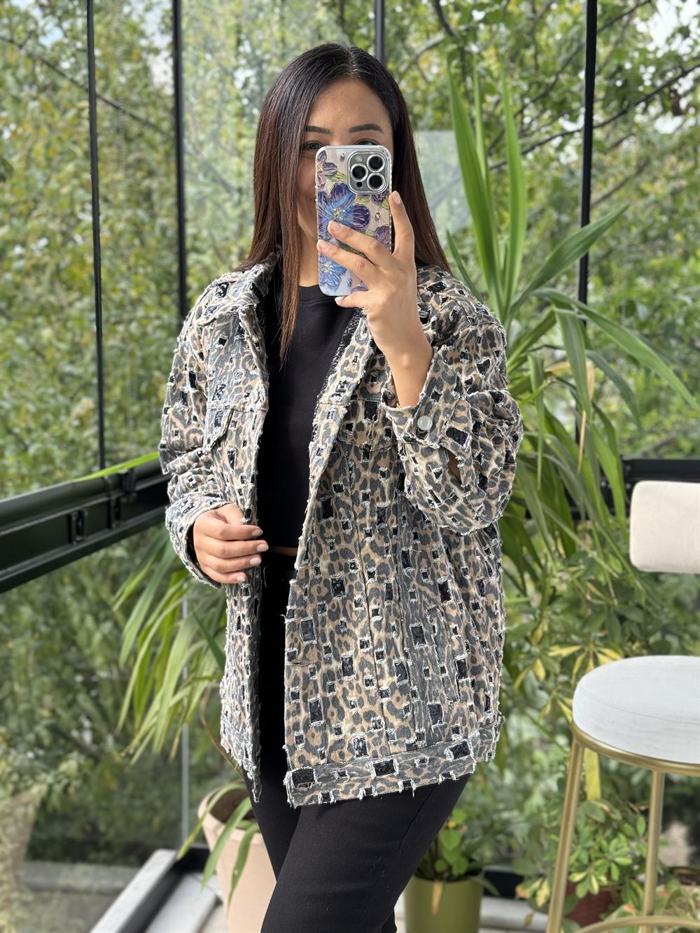 İthal Leopar Kot Ceket Camel