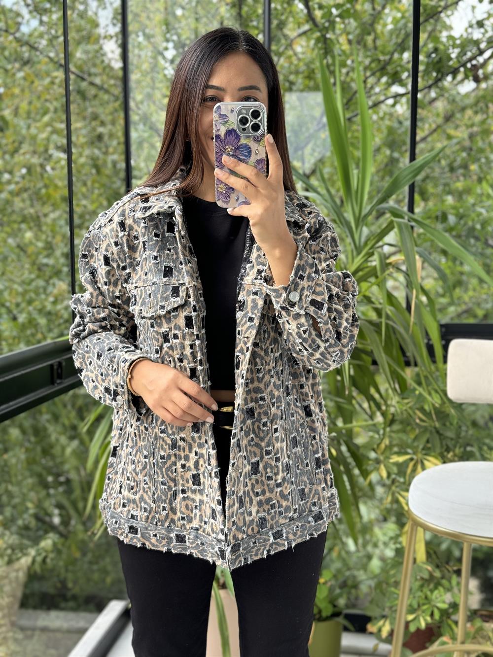 İthal Leopar Kot Ceket Camel