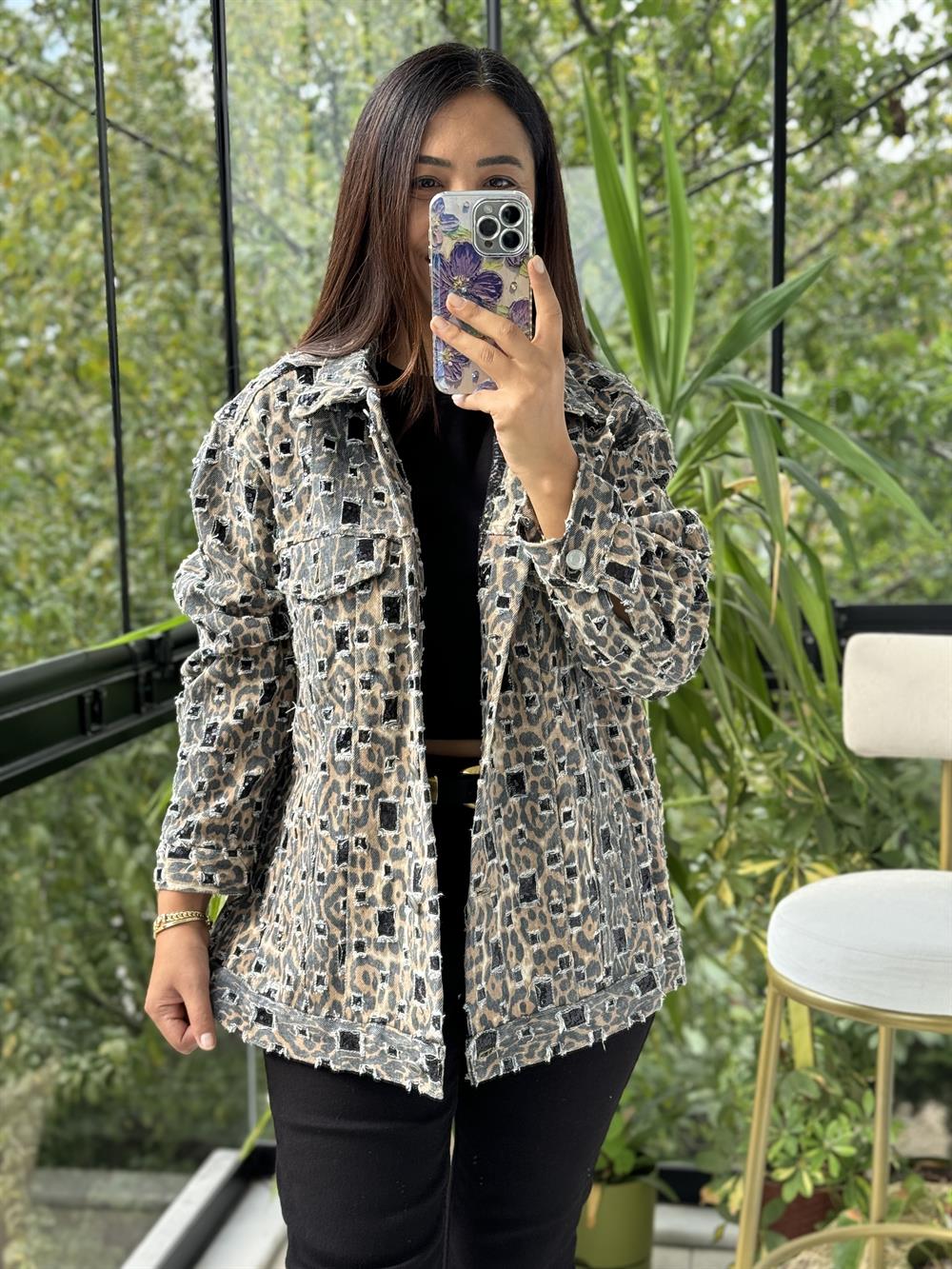 İthal Leopar Kot Ceket Camel