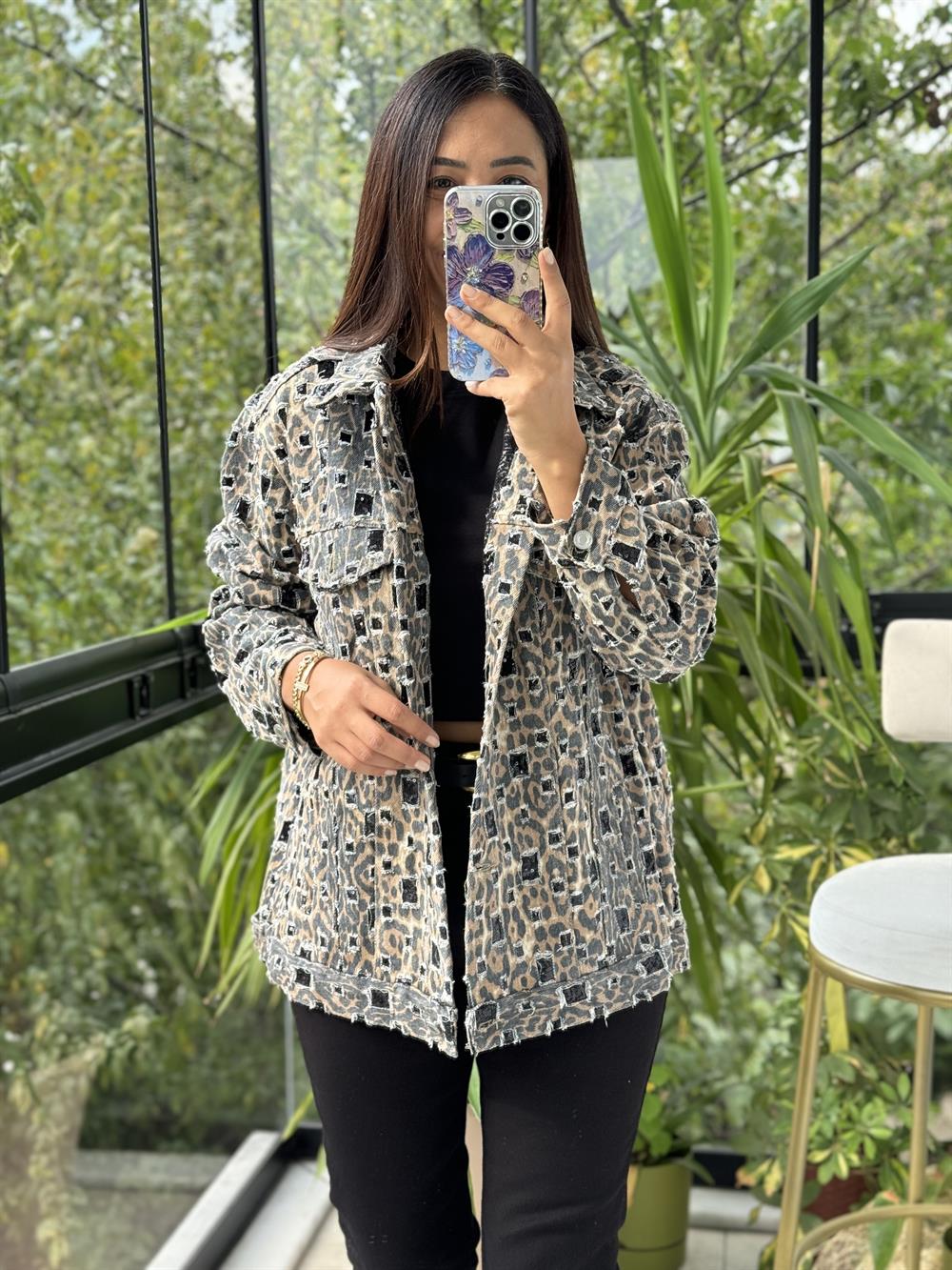 İthal Leopar Kot Ceket Camel