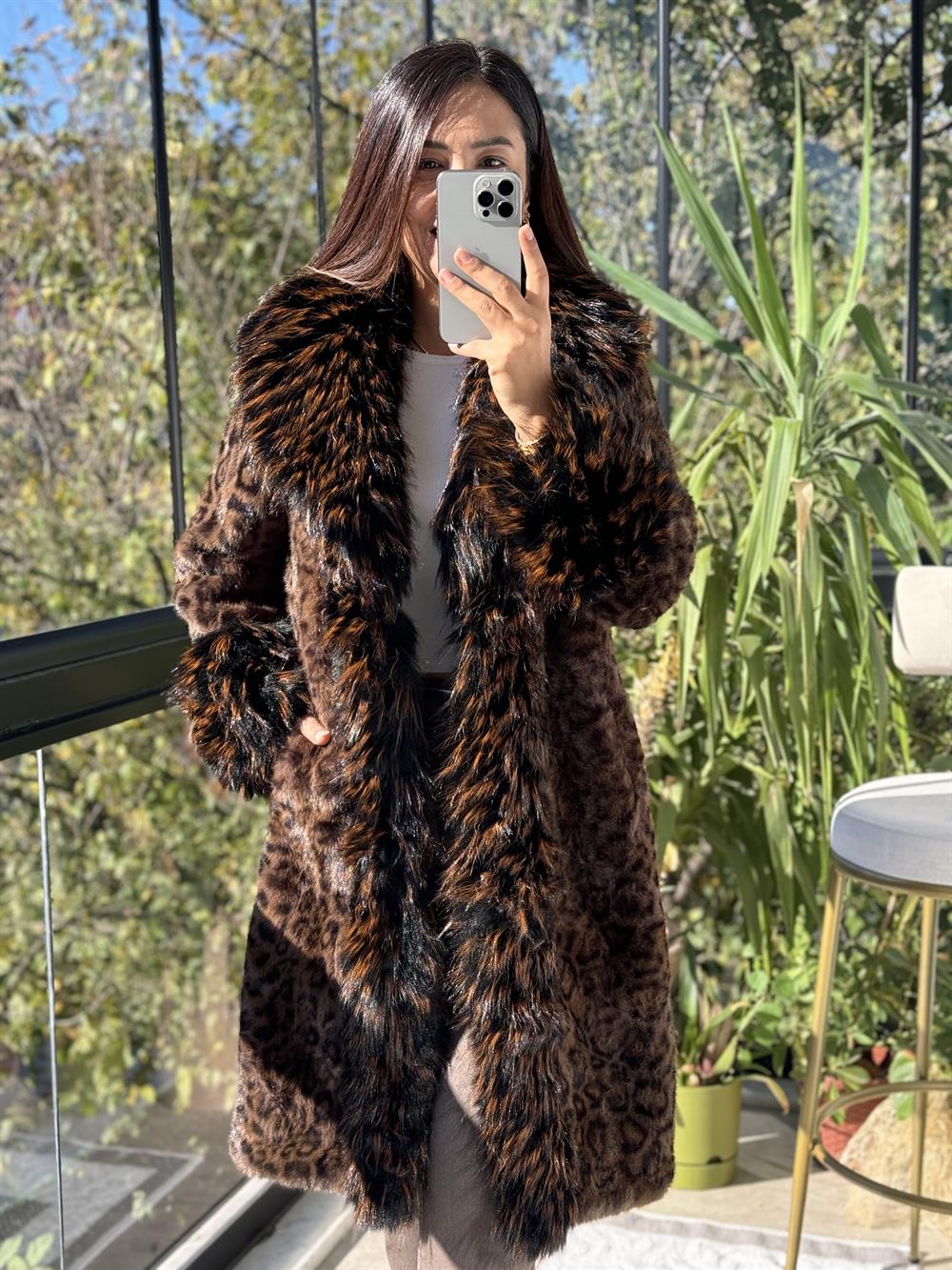 İthal Leoparlı Kürk Kaban 