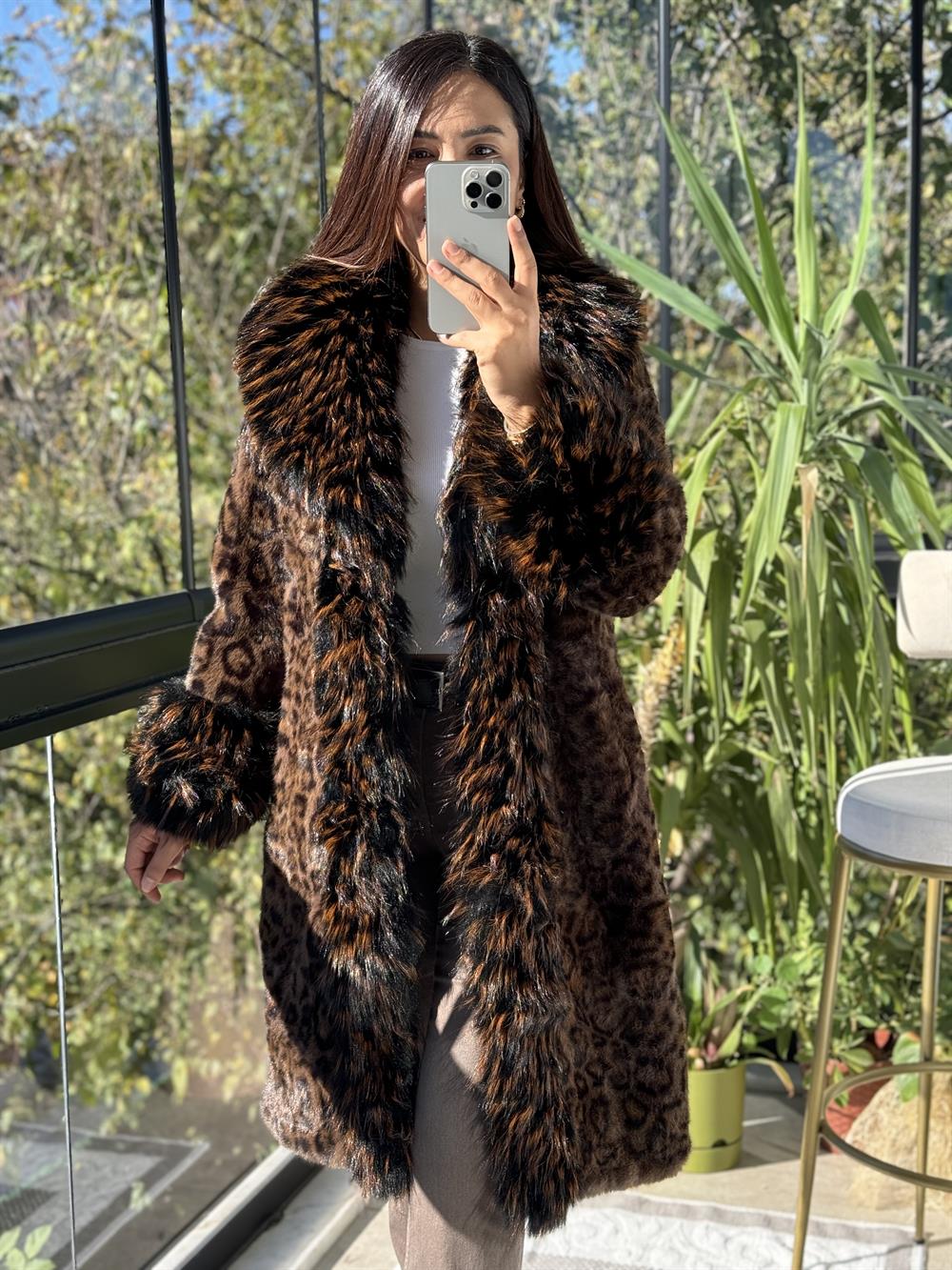 İthal Leoparlı Kürk Kaban 