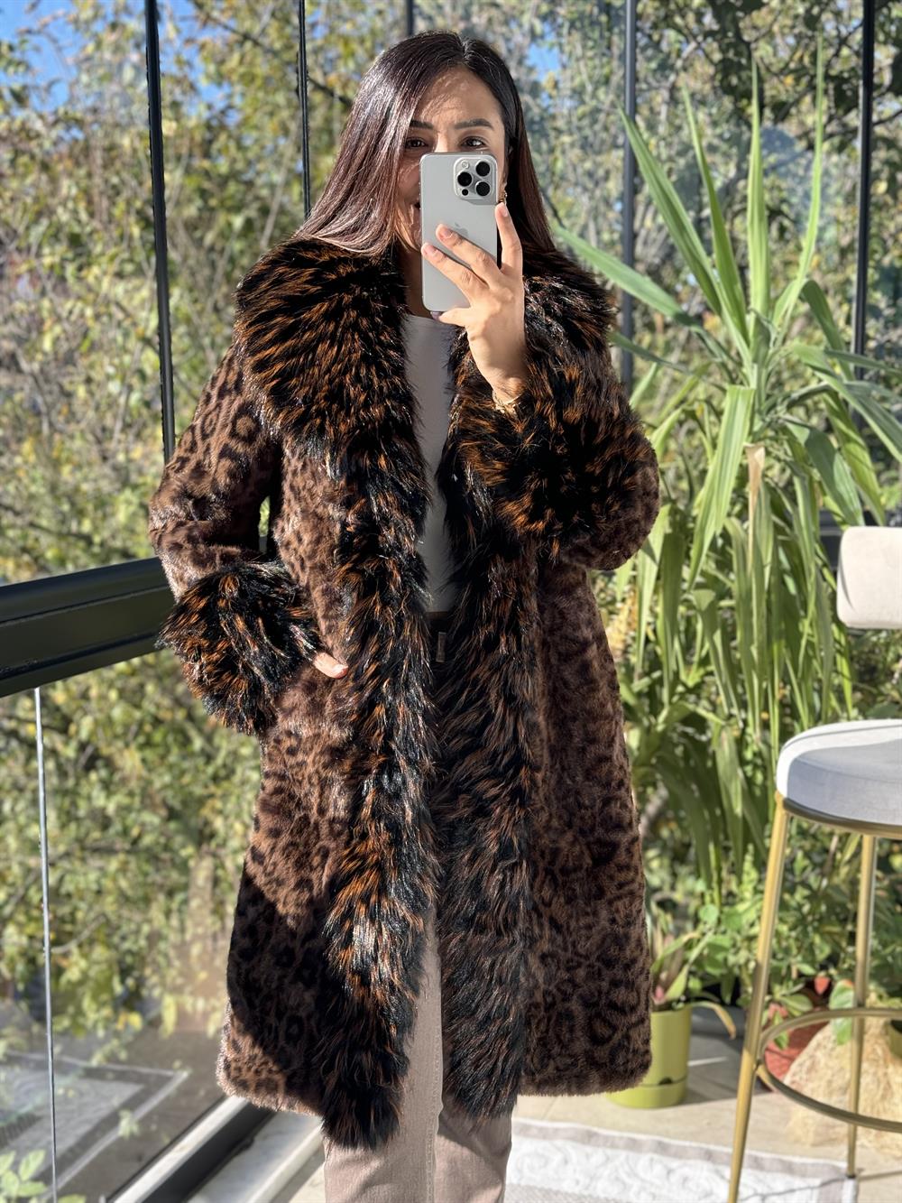 İthal Leoparlı Kürk Kaban 