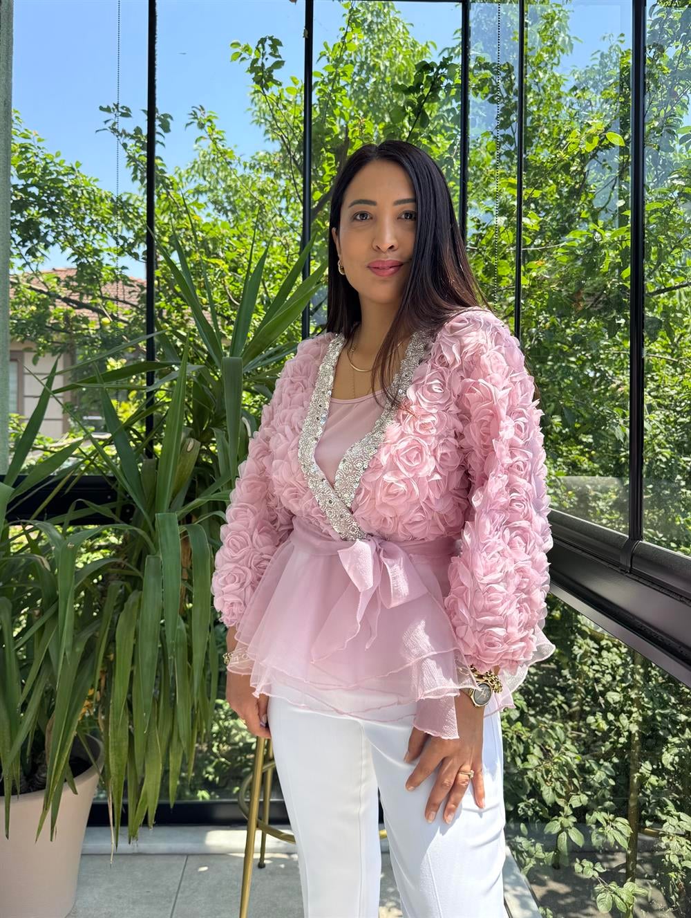 İthal Lüx Gül Detaylı Bluz Pembe