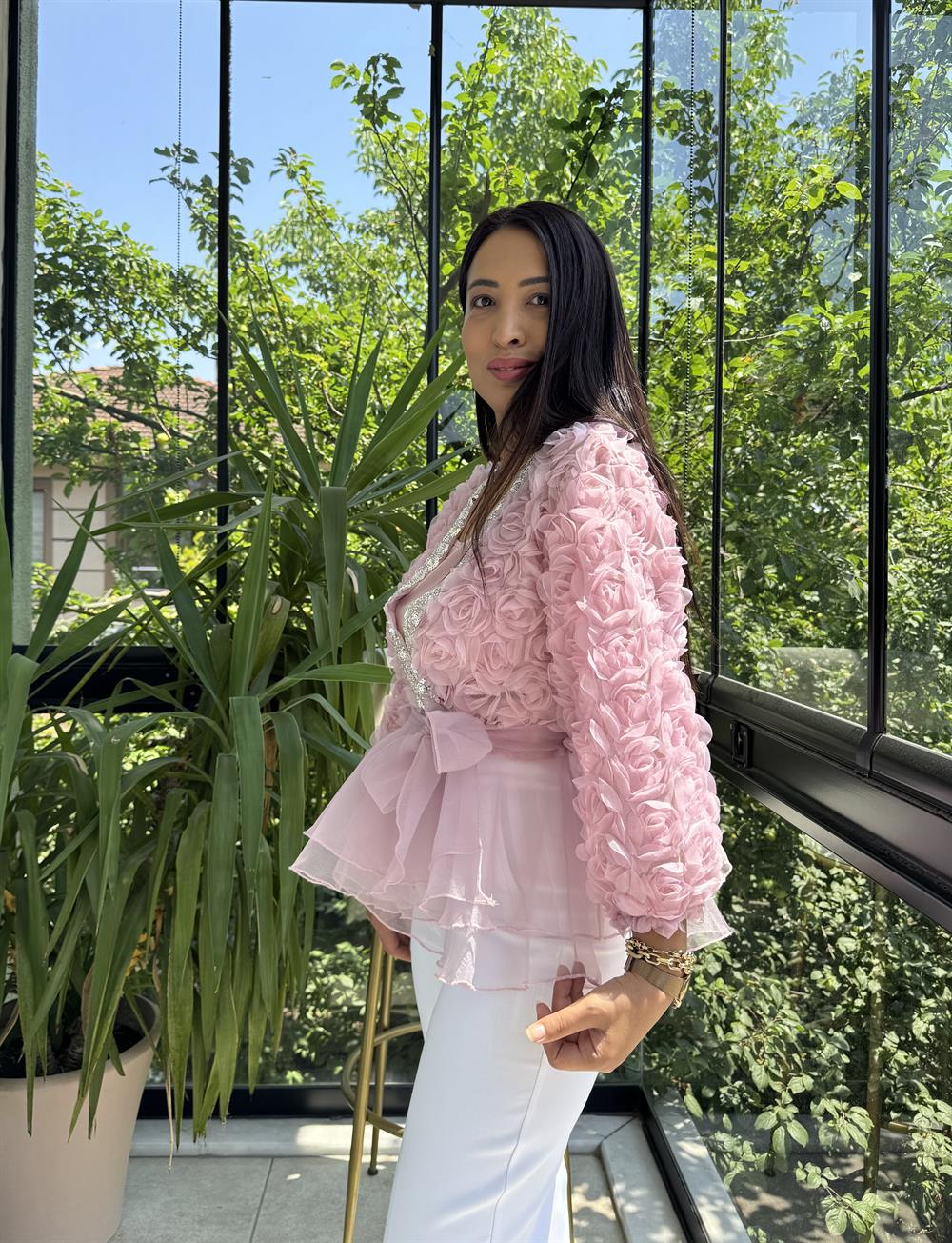 İthal Lüx Gül Detaylı Bluz Pembe