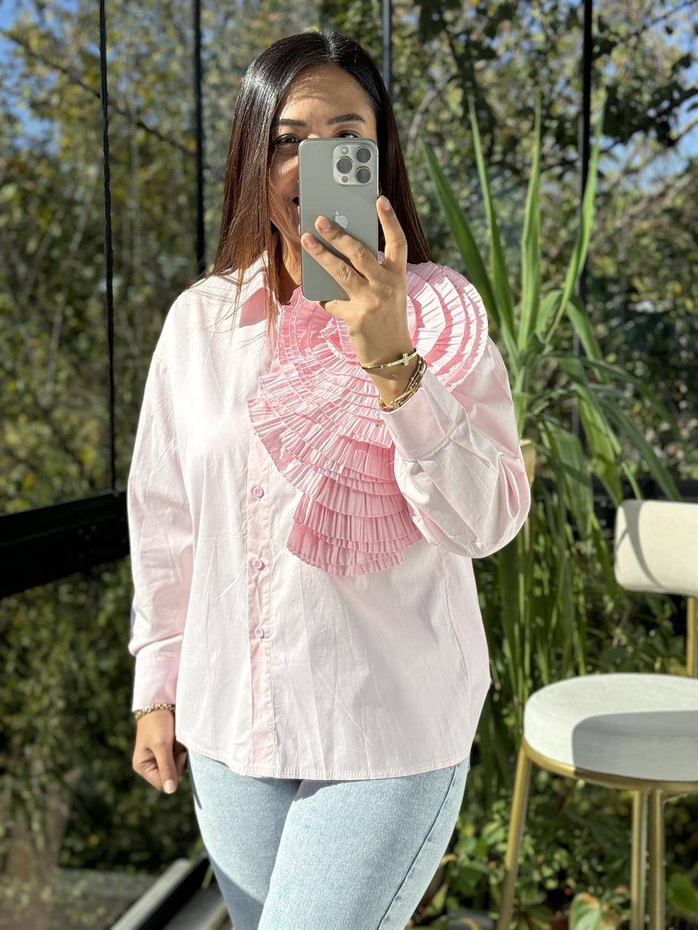 İthal Omzu Gül Katlı Gömlek Pembe