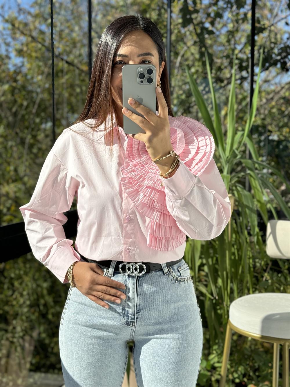 İthal Omzu Gül Katlı Gömlek Pembe