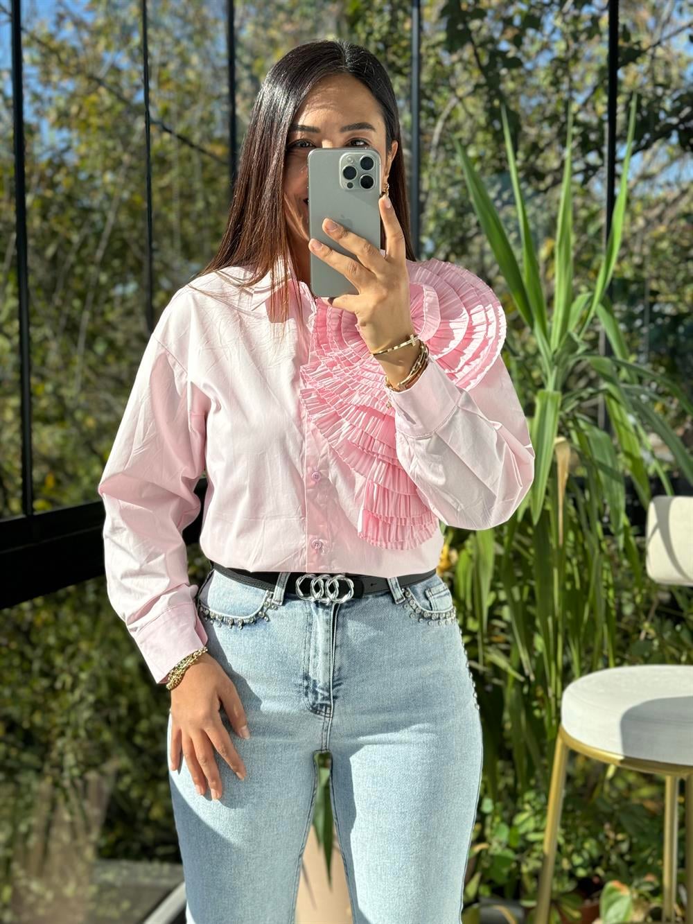 İthal Omzu Gül Katlı Gömlek Pembe