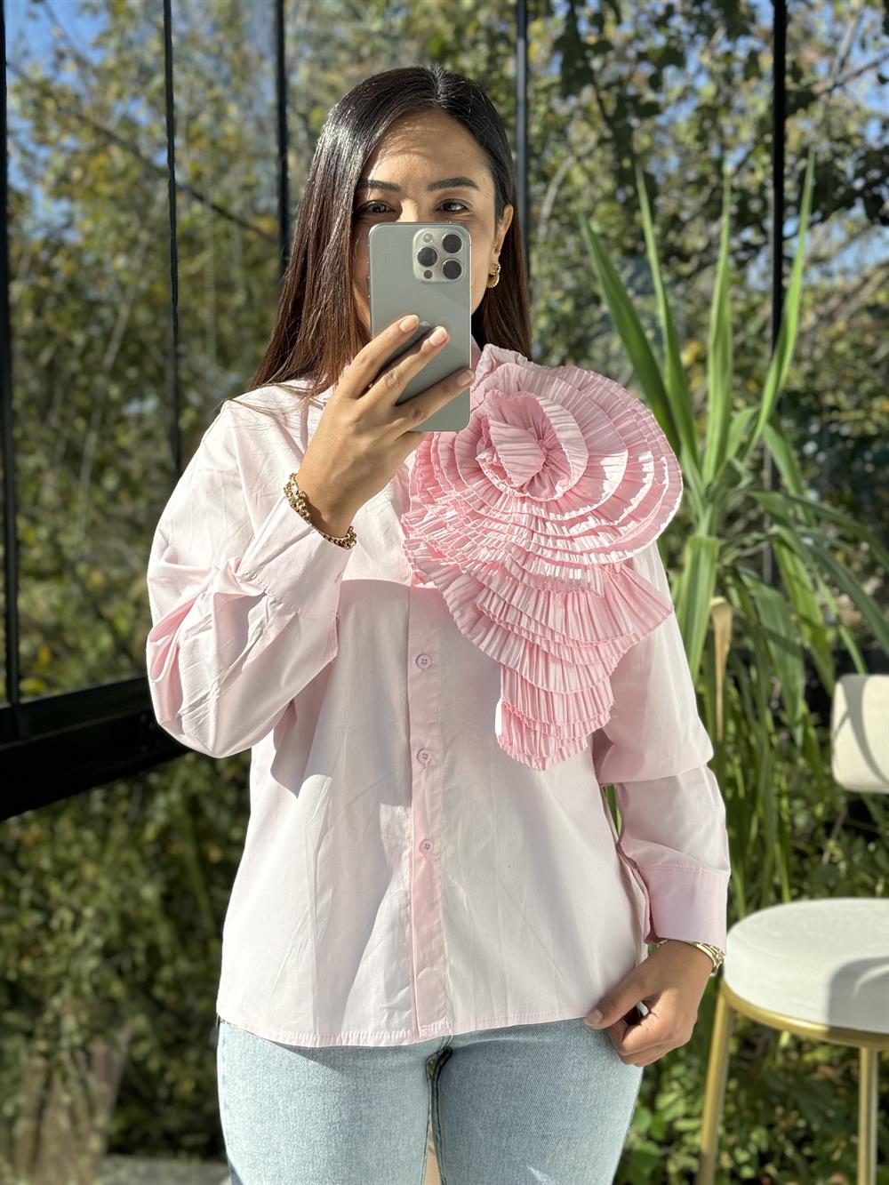 İthal Omzu Gül Katlı Gömlek Pembe