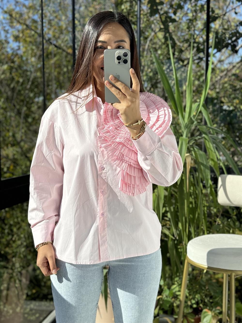 İthal Omzu Gül Katlı Gömlek Pembe