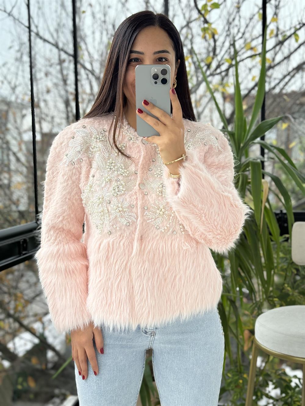 İthal Omzu İncili Hırka Kazak Pembe