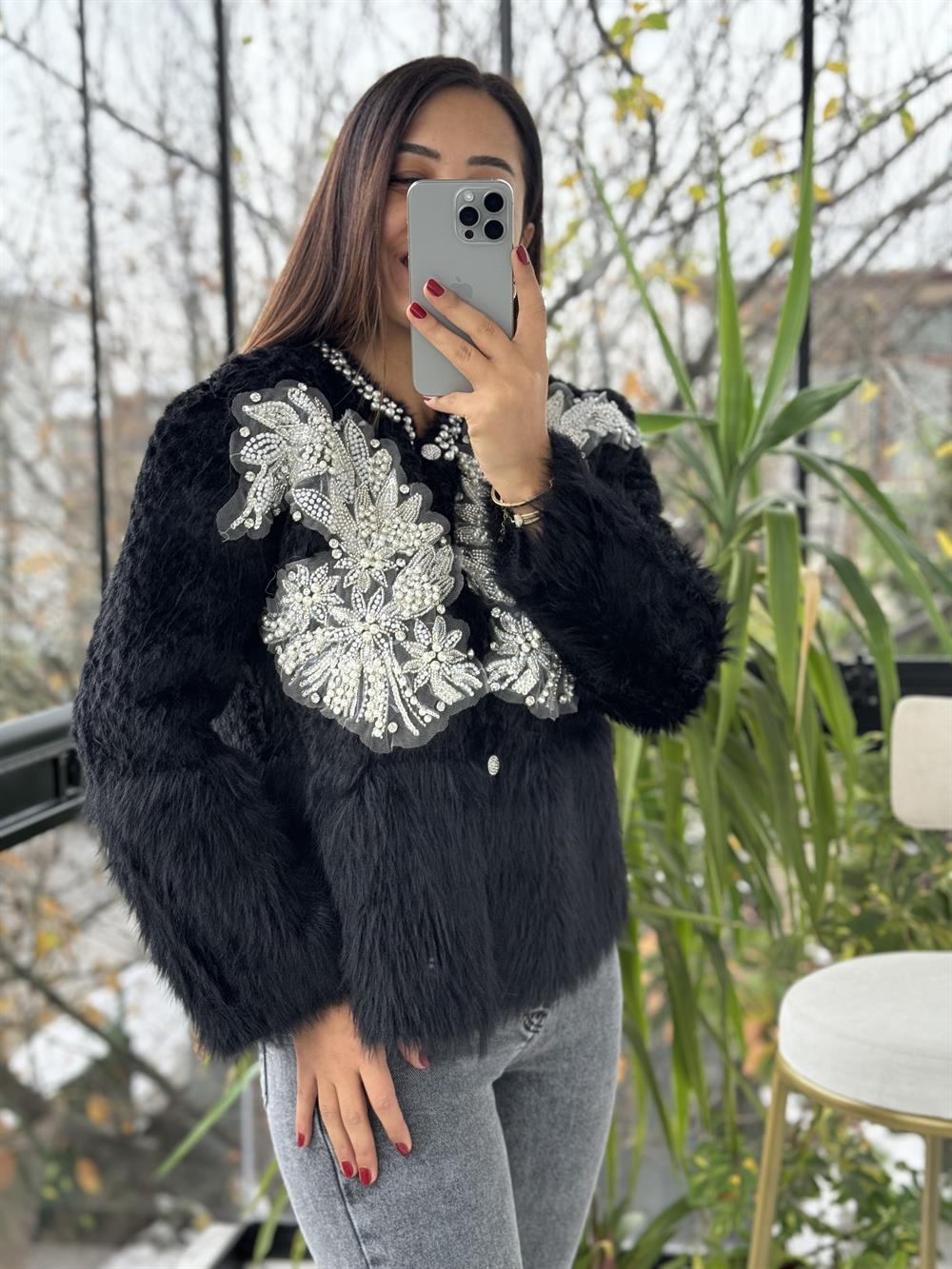 İthal Omzu İncili Hırka Kazak Siyah