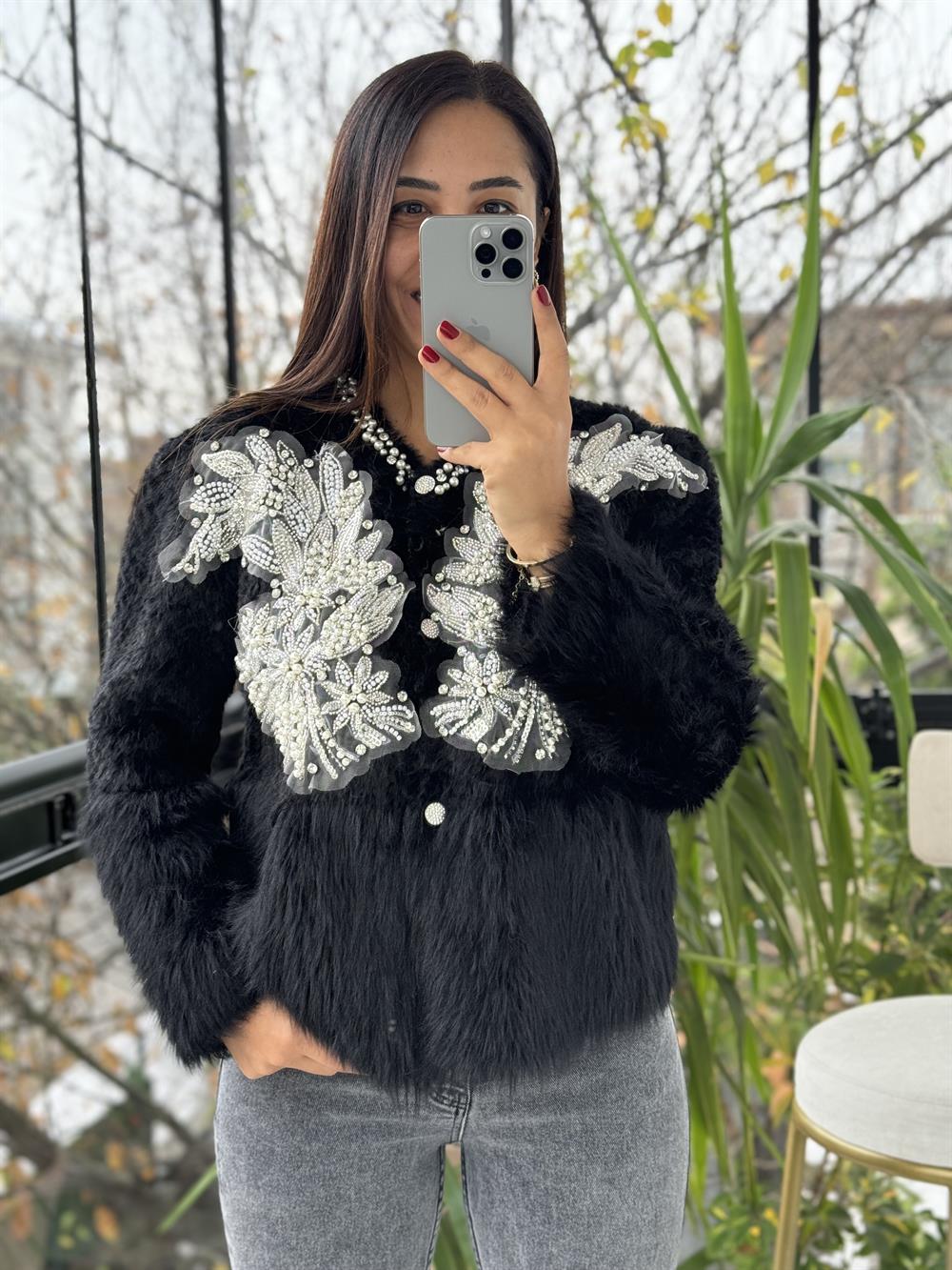 İthal Omzu İncili Hırka Kazak Siyah