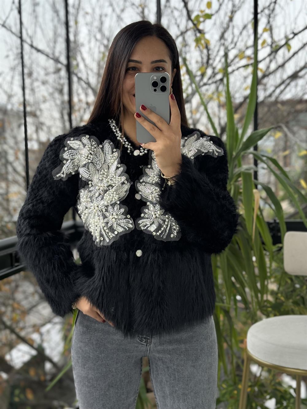 İthal Omzu İncili Hırka Kazak Siyah