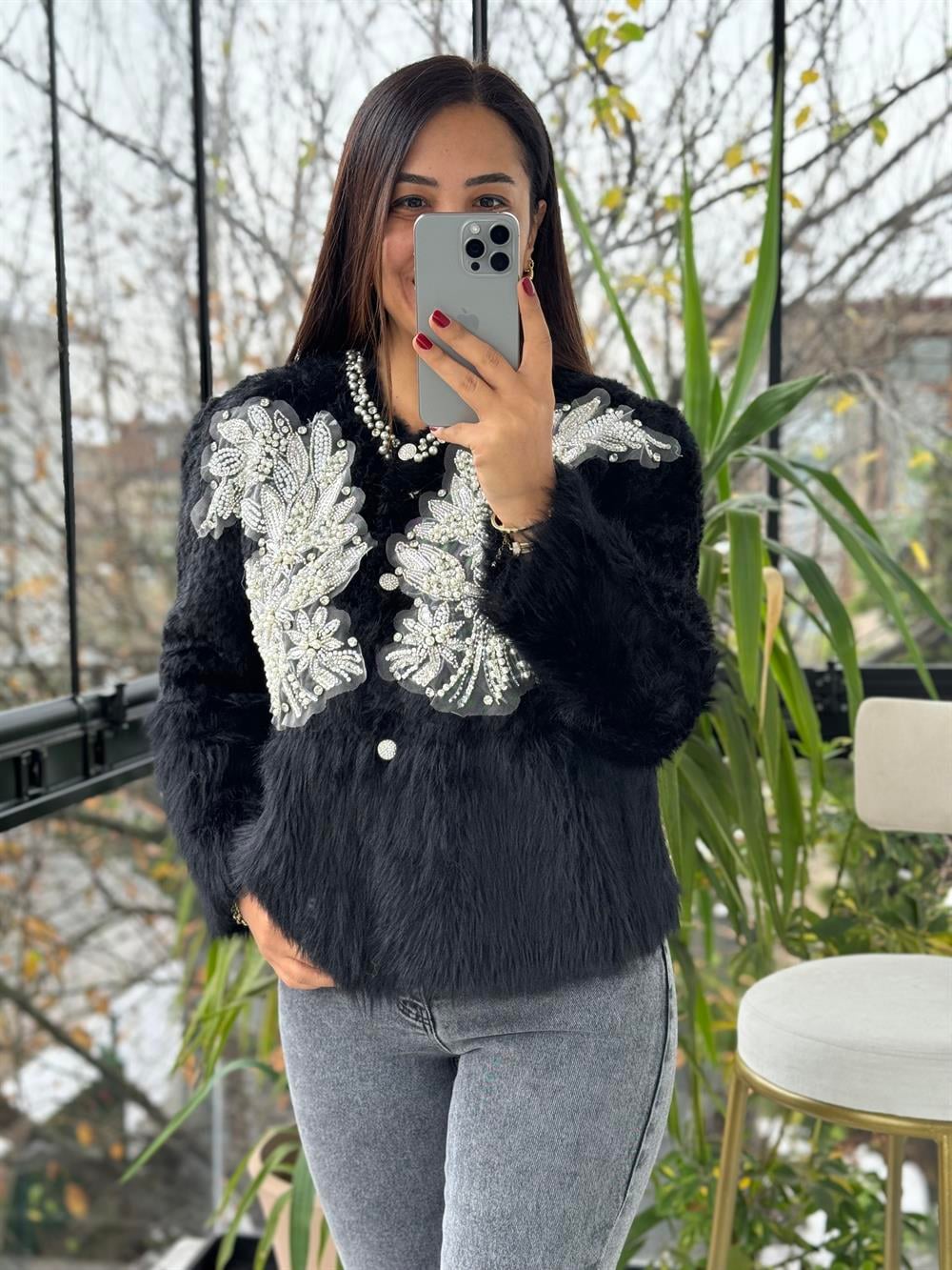 İthal Omzu İncili Hırka Kazak Siyah