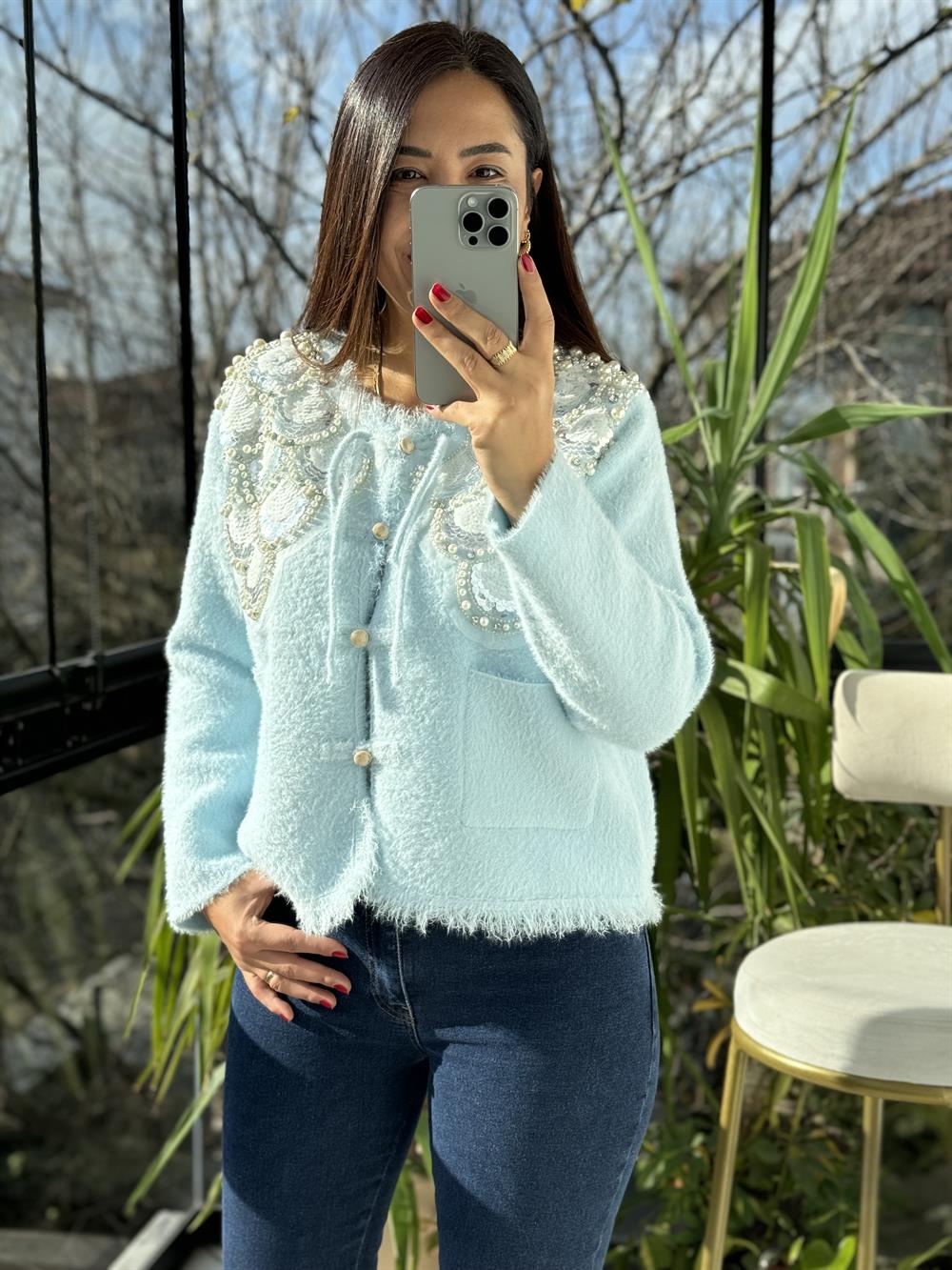 İthal Omzu Payetli Hırka Ceket Bebe Mavi