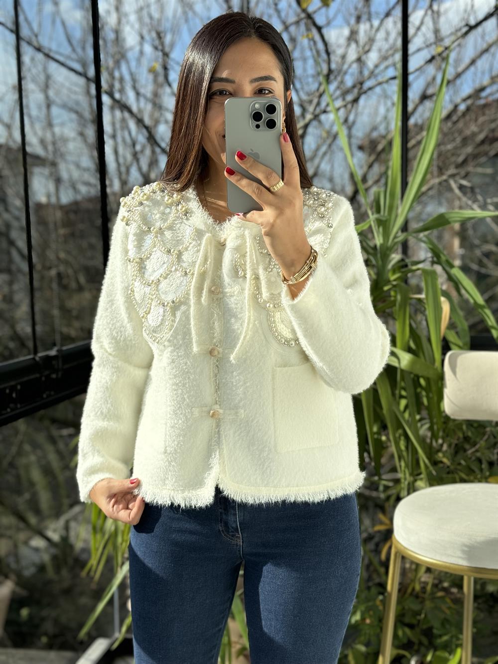 İthal Omzu Payetli Hırka Ceket Ekru