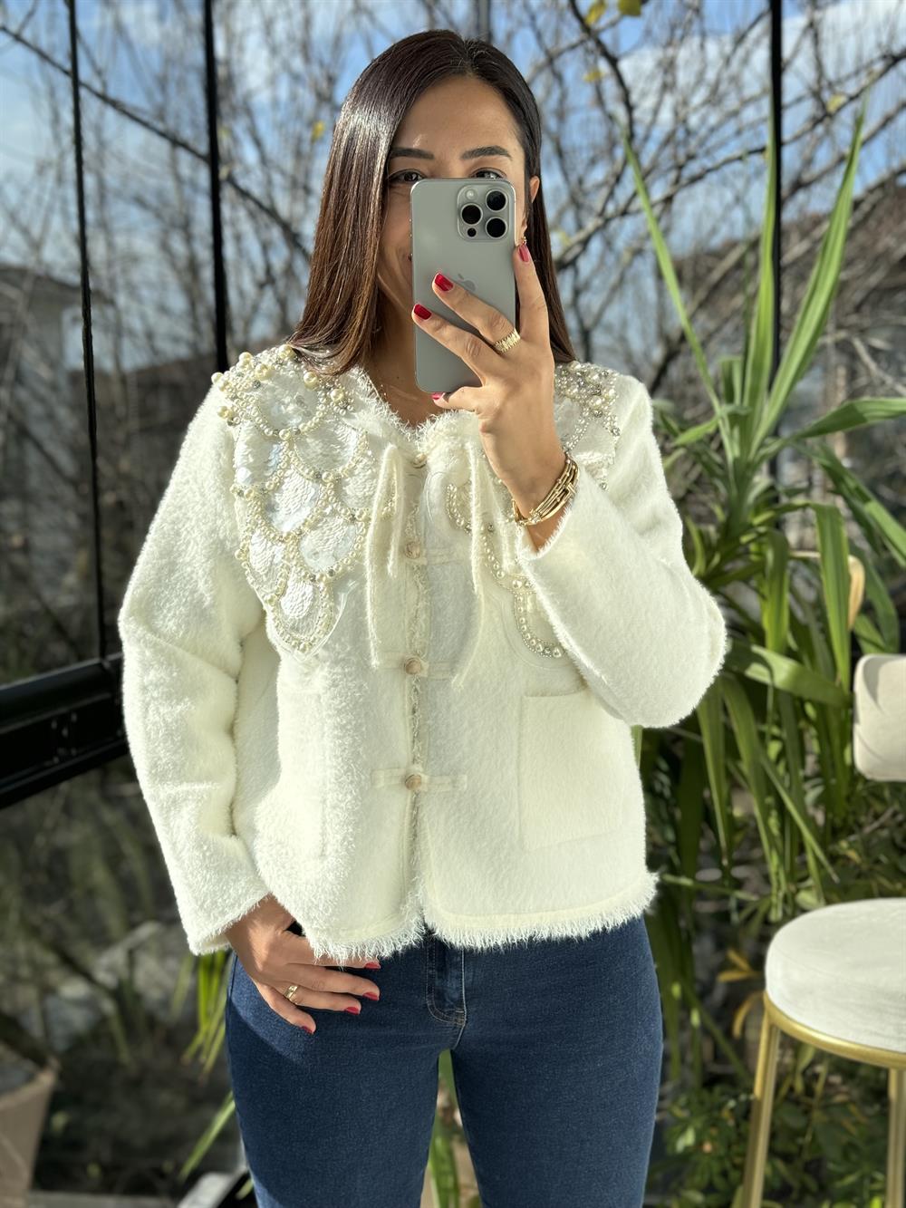 İthal Omzu Payetli Hırka Ceket Ekru