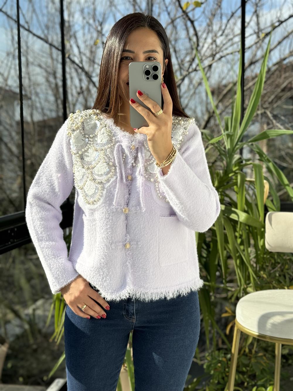 İthal Omzu Payetli Hırka Ceket Lila