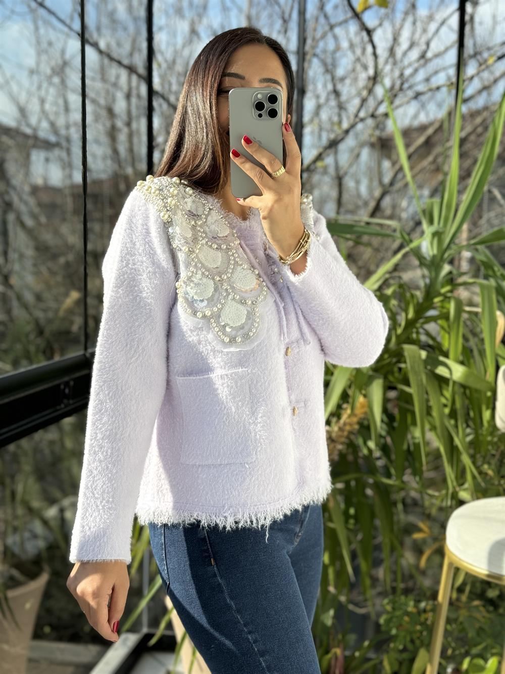 İthal Omzu Payetli Hırka Ceket Lila