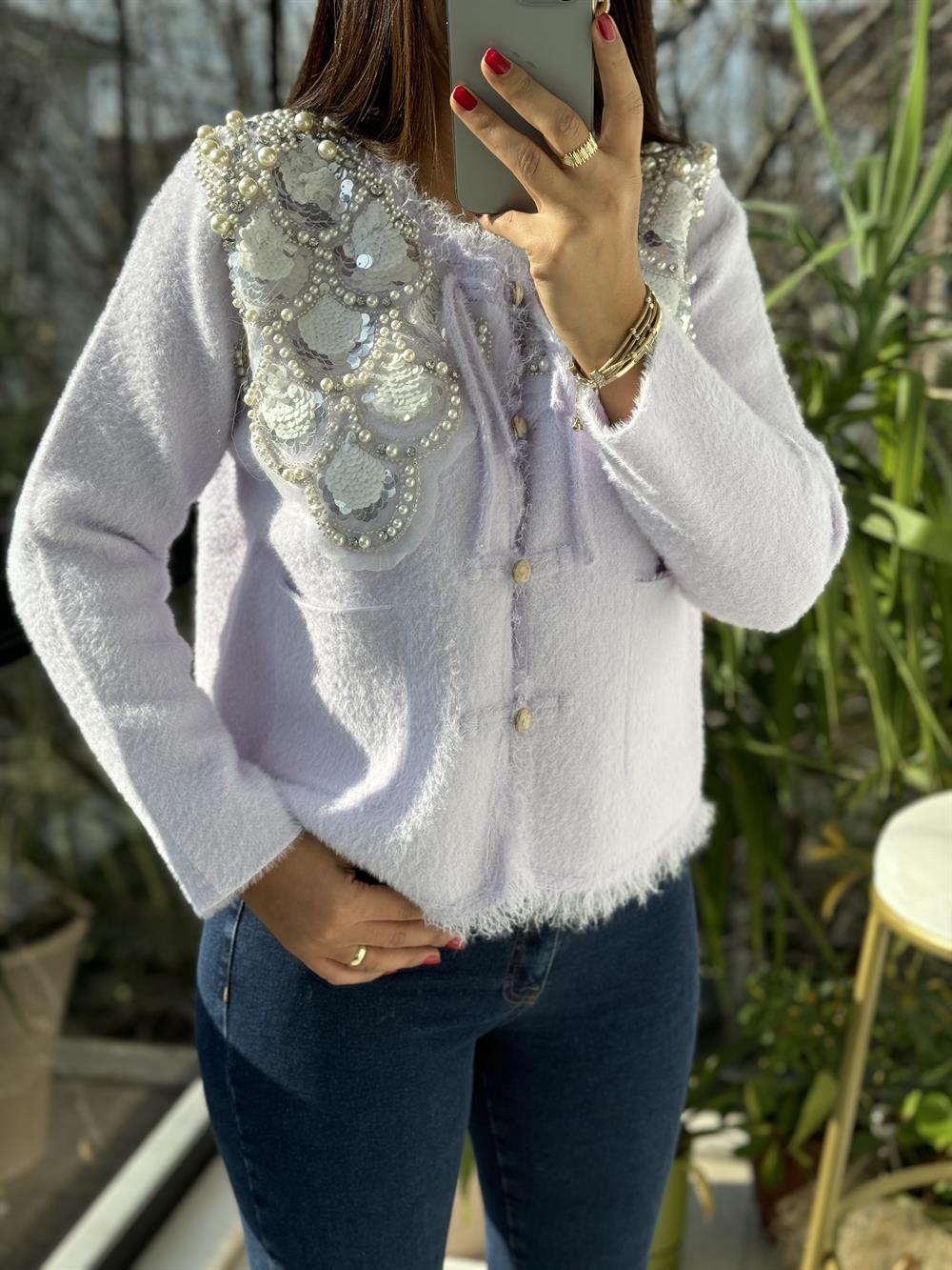 İthal Omzu Payetli Hırka Ceket Lila