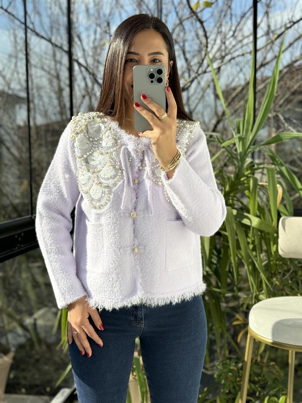 İthal Omzu Payetli Hırka Ceket Lila