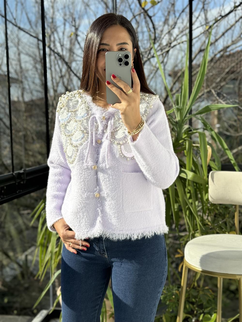 İthal Omzu Payetli Hırka Ceket Lila