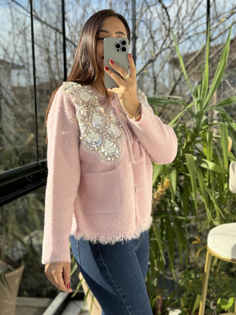 İthal Omzu Payetli Hırka Ceket Pembe