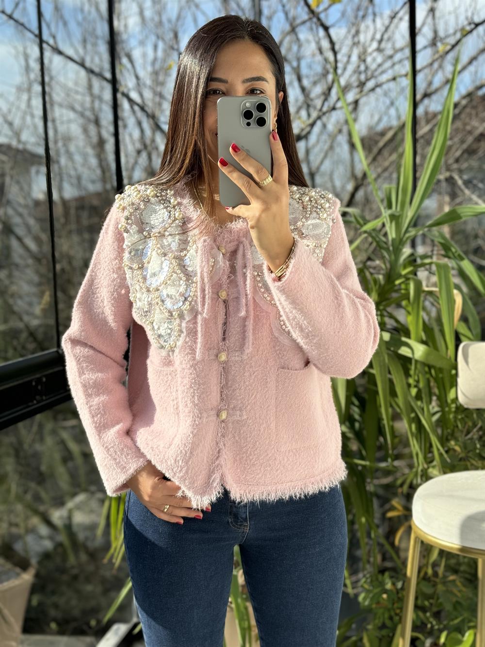 İthal Omzu Payetli Hırka Ceket Pembe
