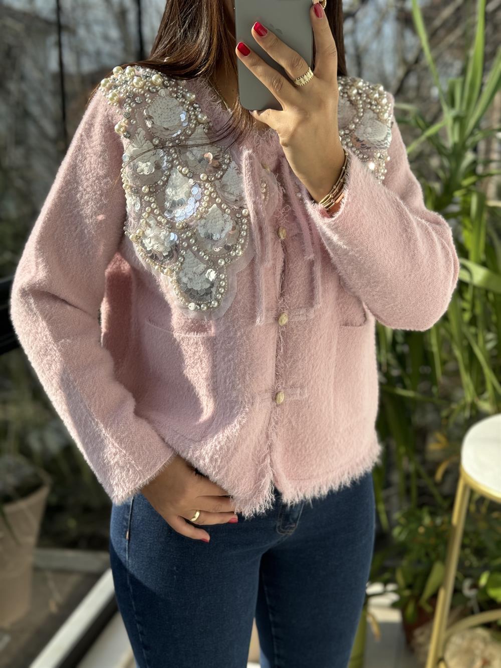 İthal Omzu Payetli Hırka Ceket Pembe