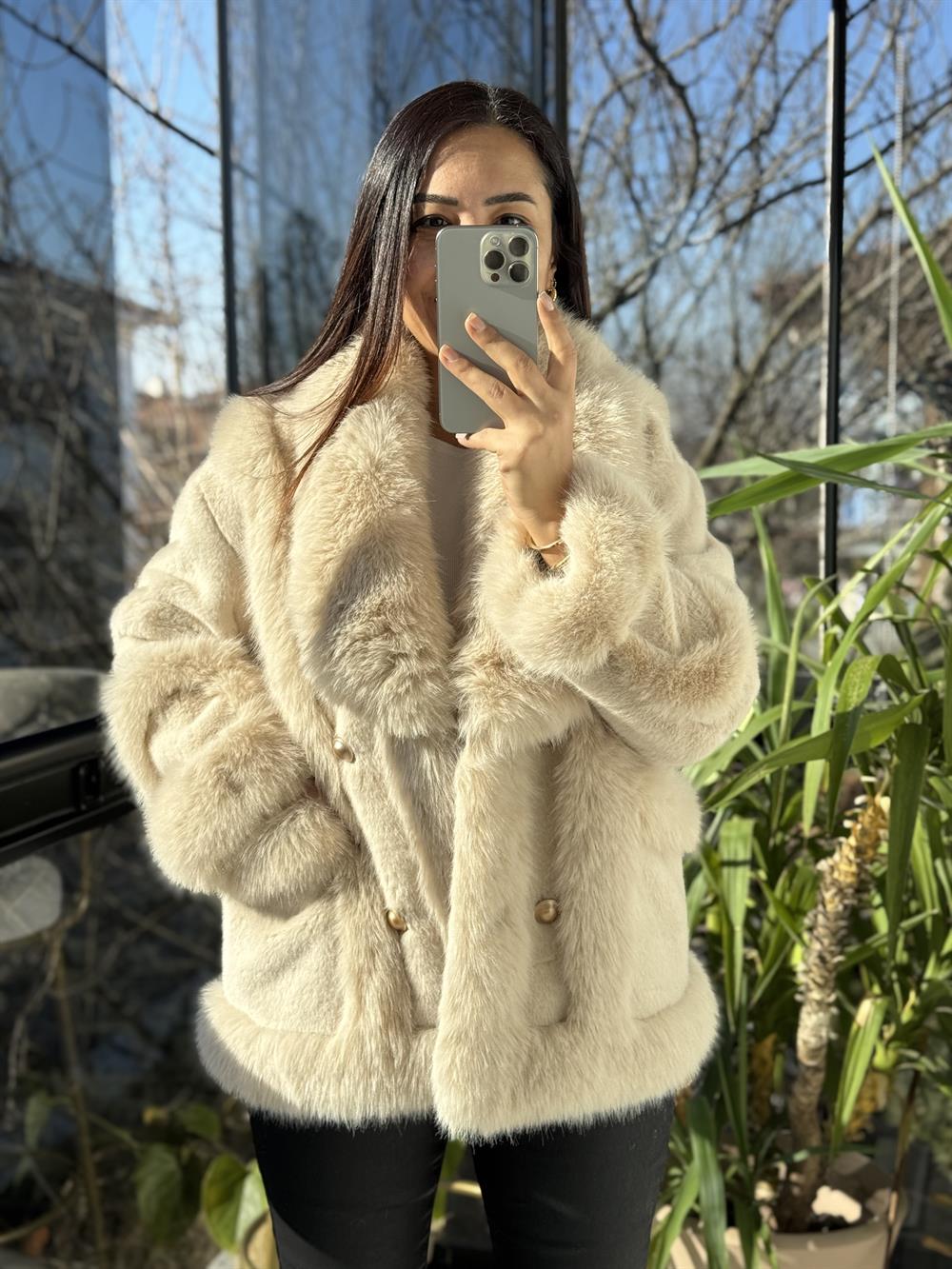 İthal Önü Cepli Kürk Mont Bej