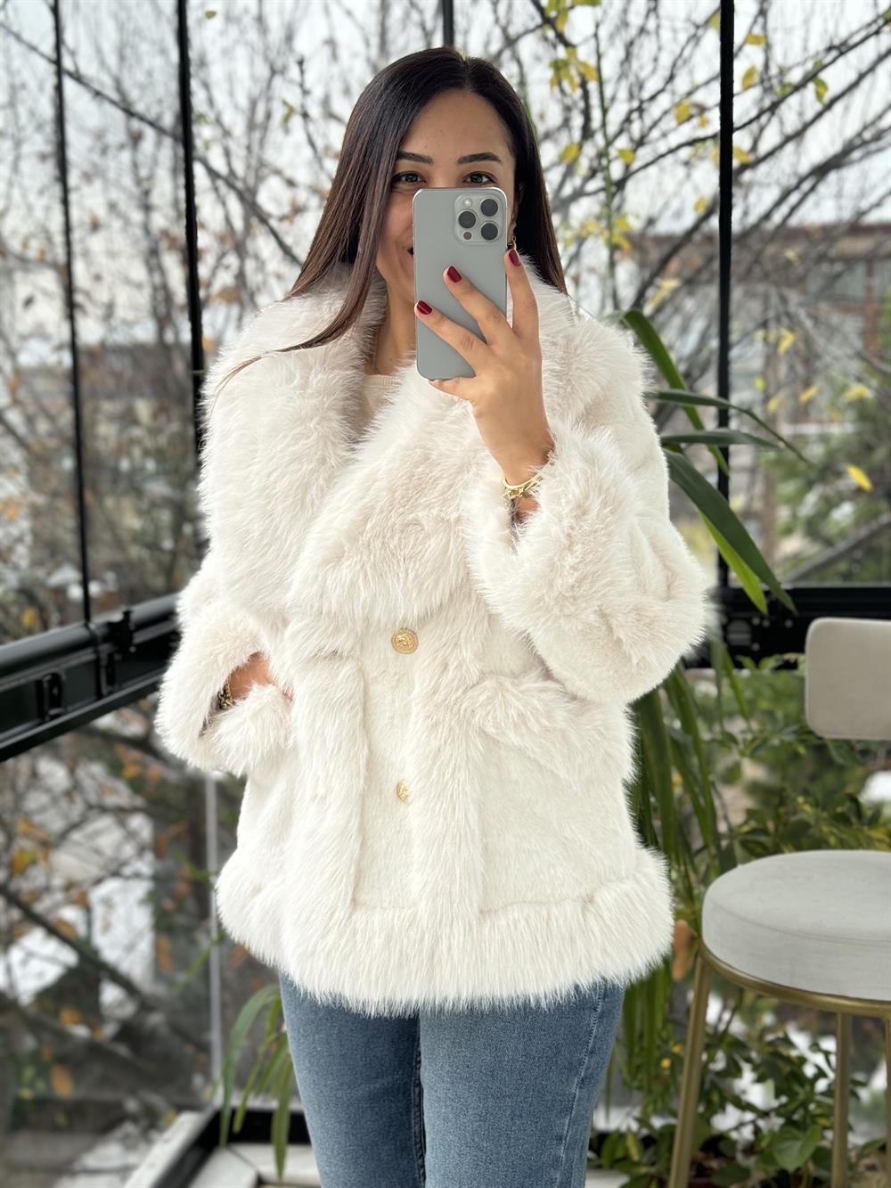 İthal Önü Cepli Kürk Mont Ekru