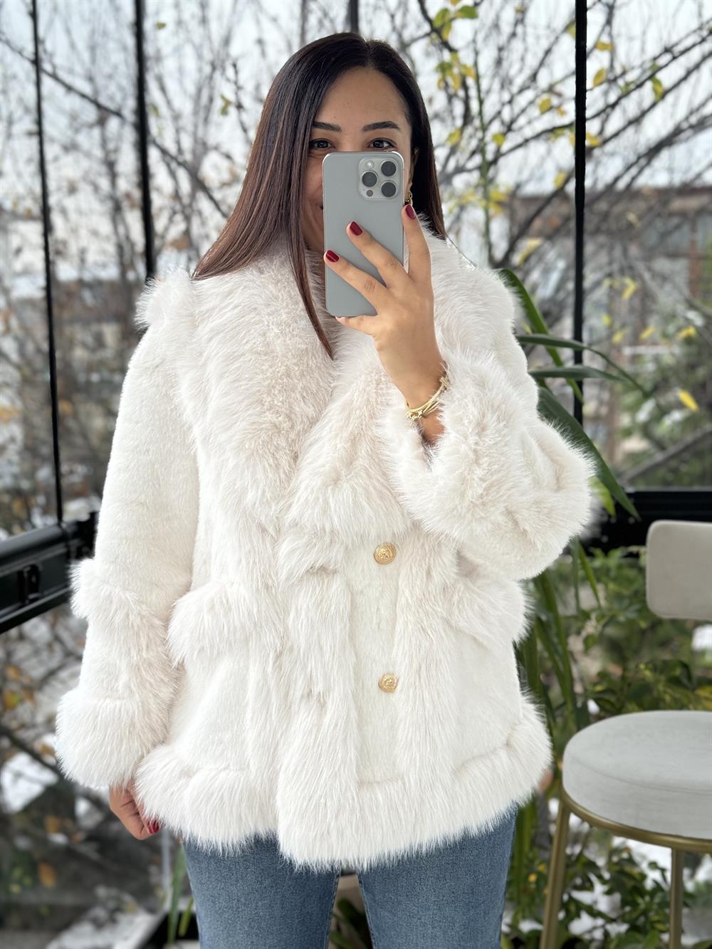 İthal Önü Cepli Kürk Mont Ekru