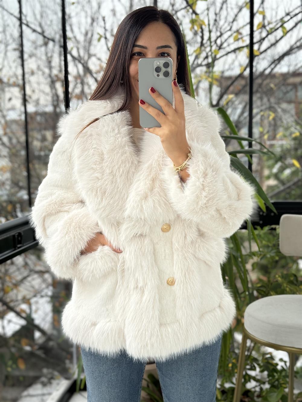 İthal Önü Cepli Kürk Mont Ekru