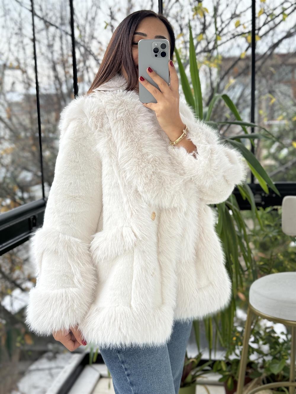 İthal Önü Cepli Kürk Mont Ekru