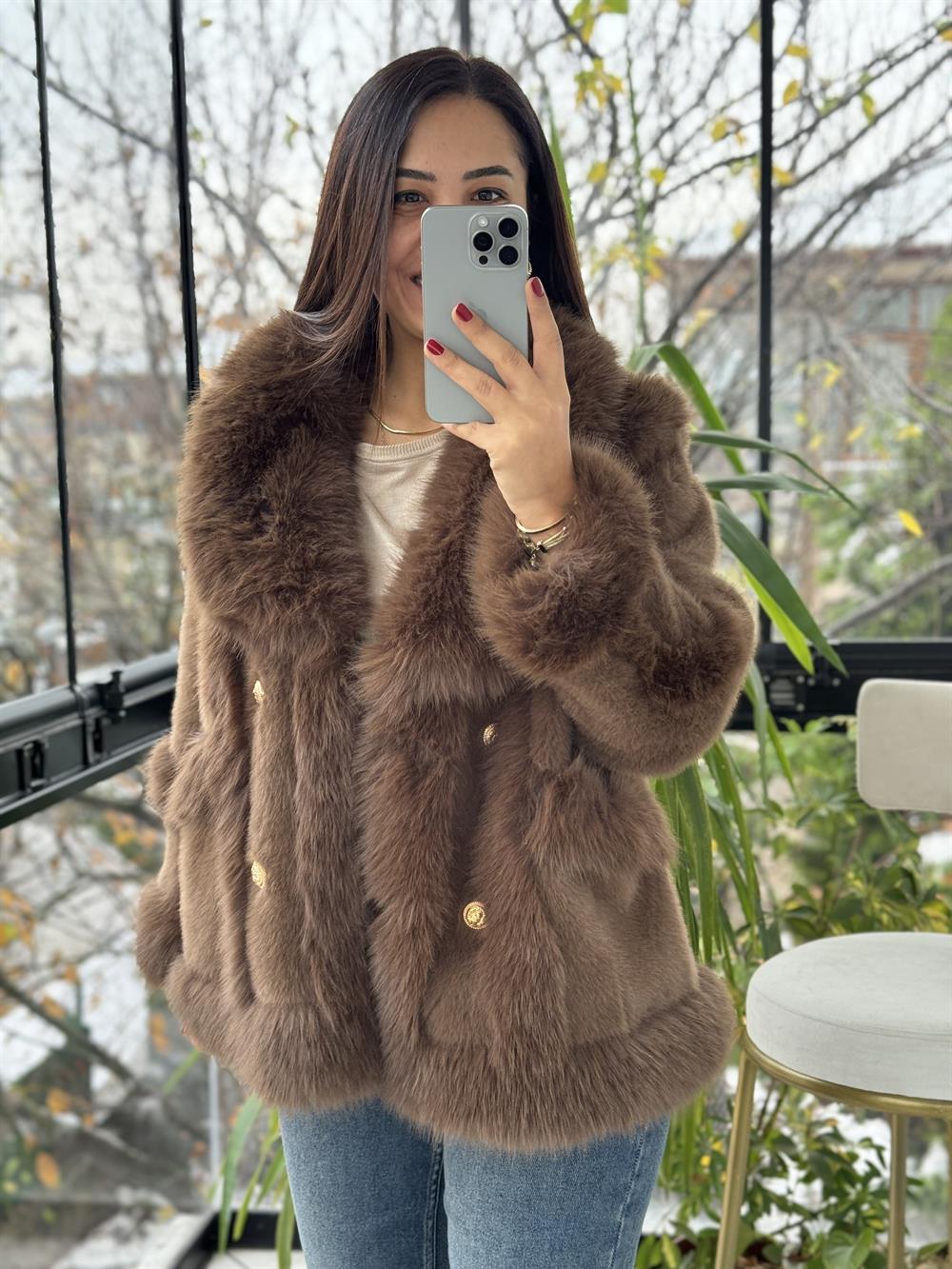 İthal Önü Cepli Kürk Mont Kahve