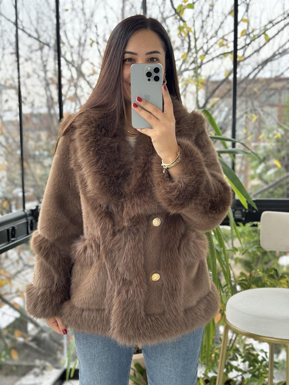 İthal Önü Cepli Kürk Mont Kahve