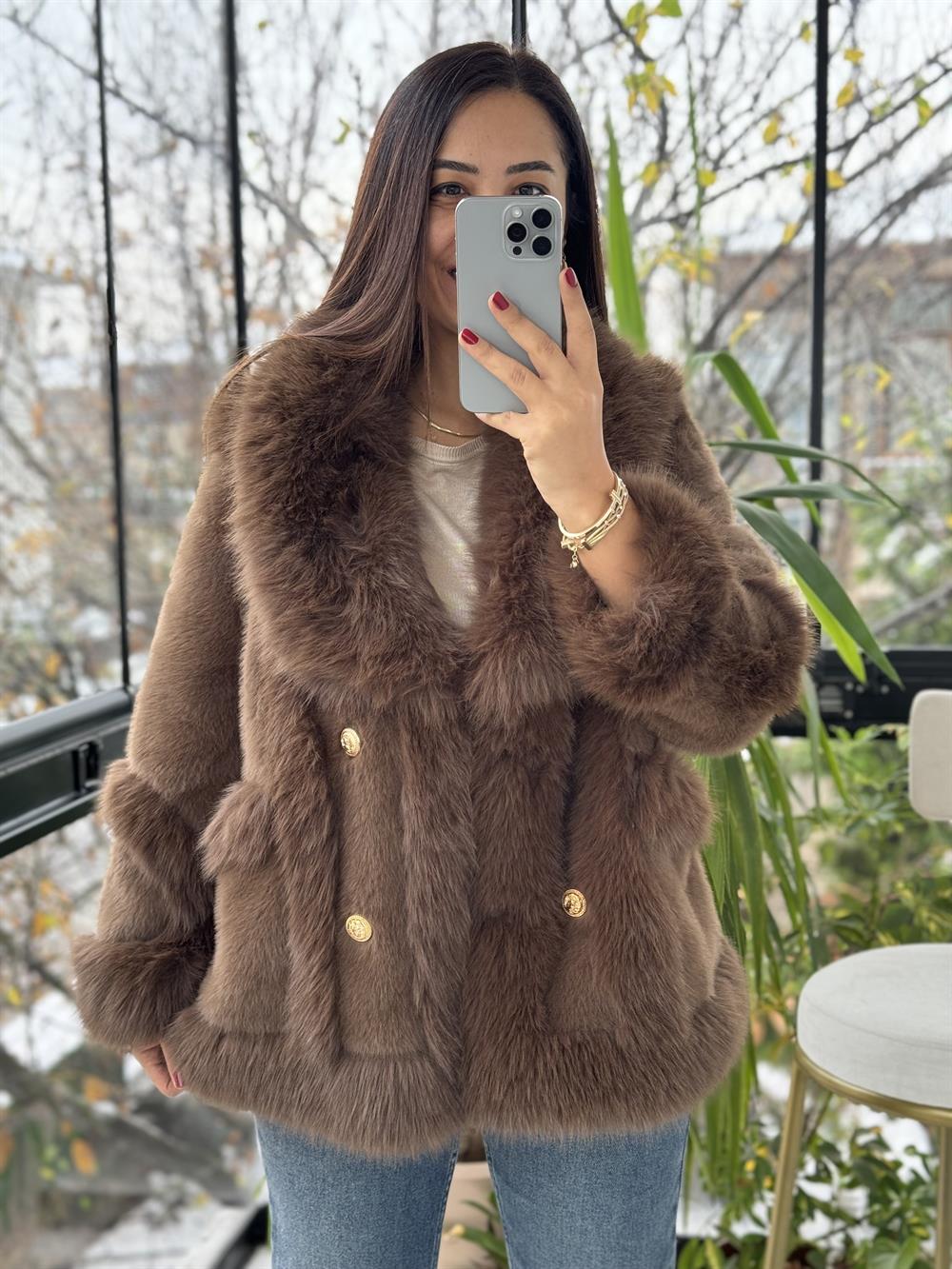 İthal Önü Cepli Kürk Mont Kahve