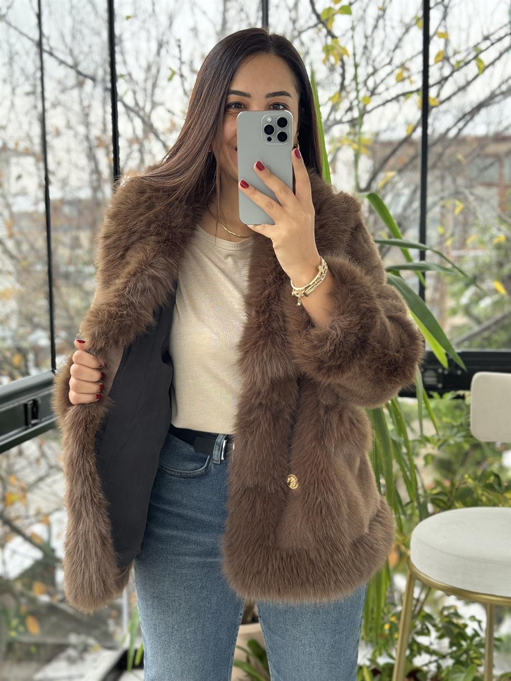 İthal Önü Cepli Kürk Mont Kahve