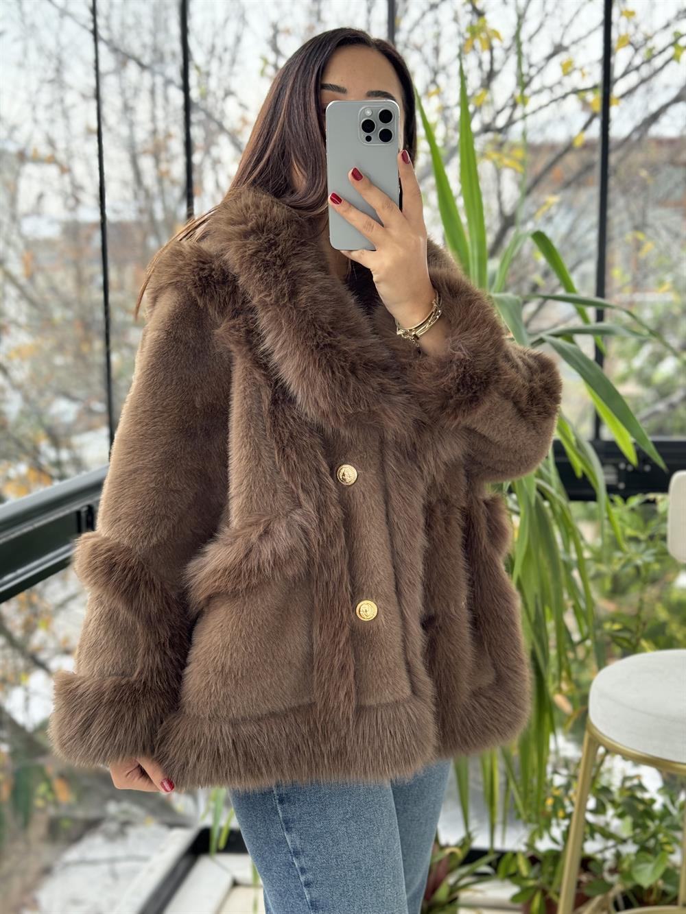 İthal Önü Cepli Kürk Mont Kahve