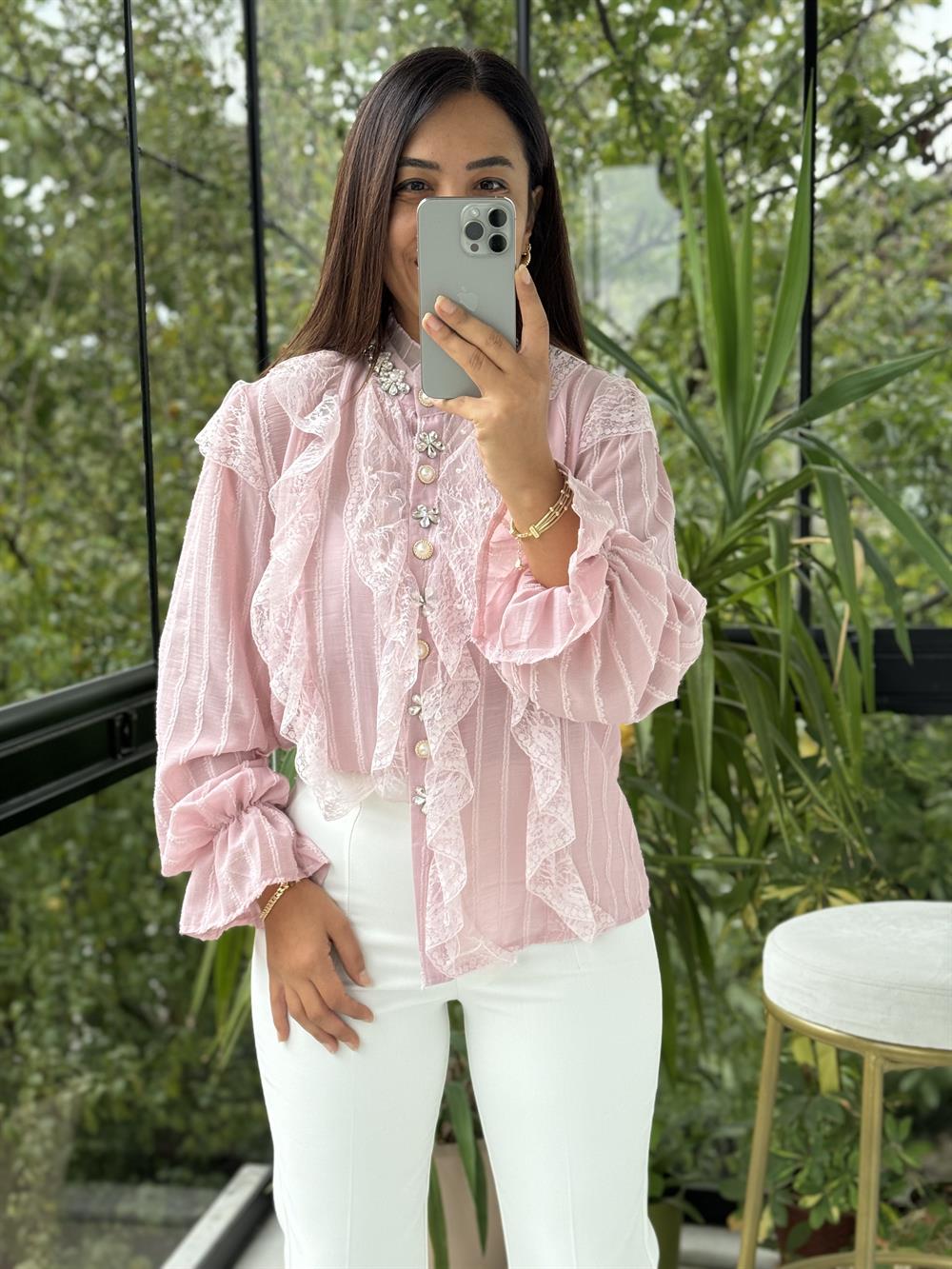 İthal Önü Dantelli Taşlı Bluz Pembe