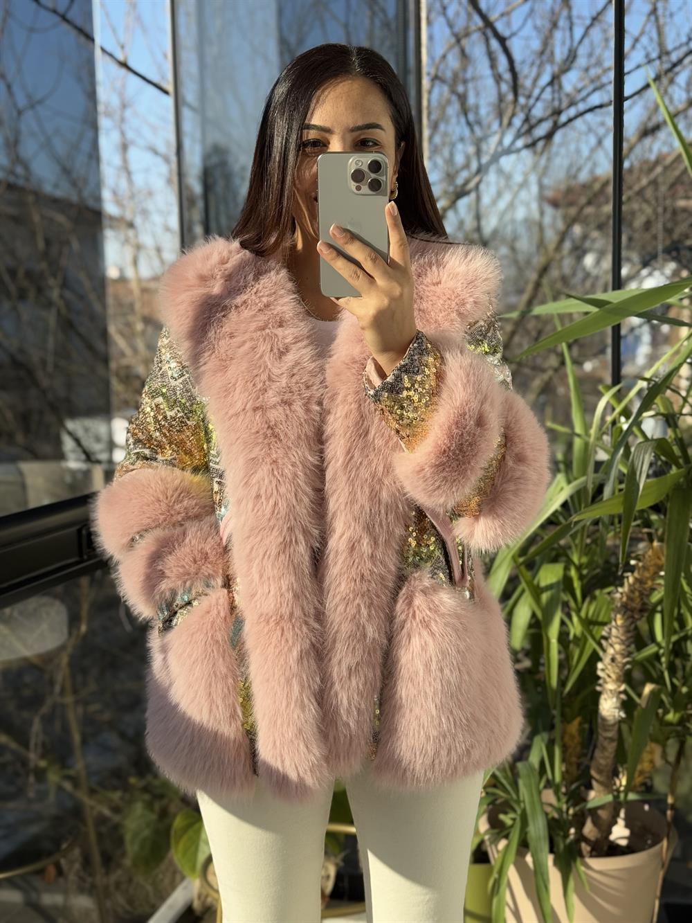 İthal Payetli Kemerli Kürk Pembe