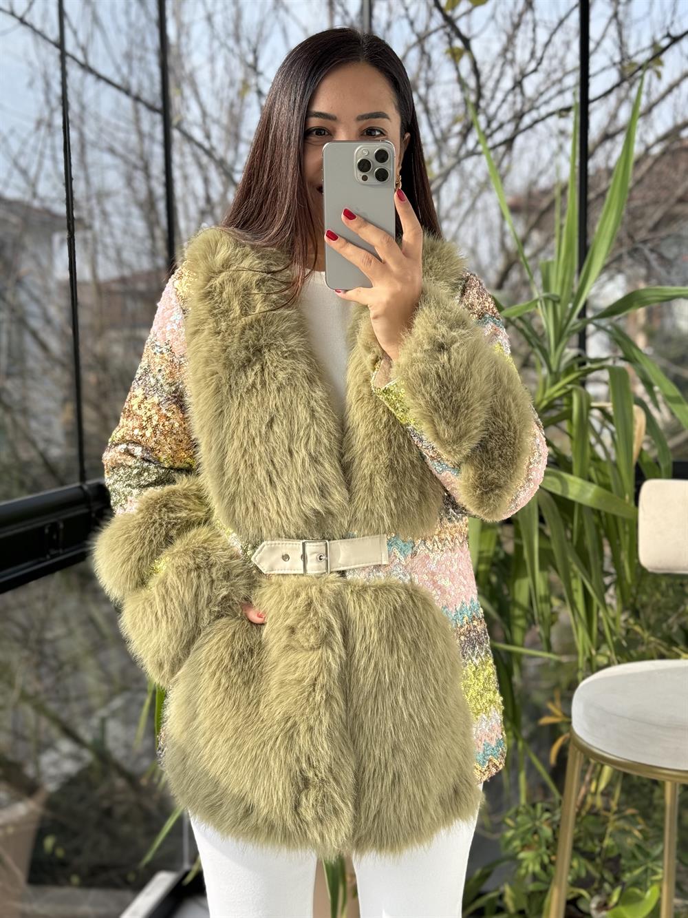 İthal Payetli Kemerli Kürk Yeşil