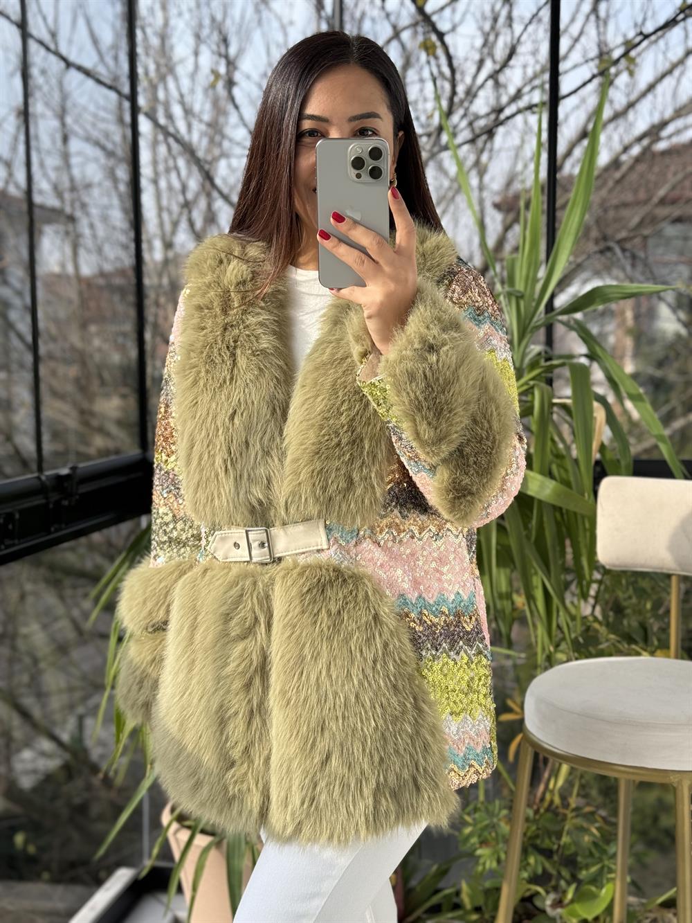 İthal Payetli Kemerli Kürk Yeşil