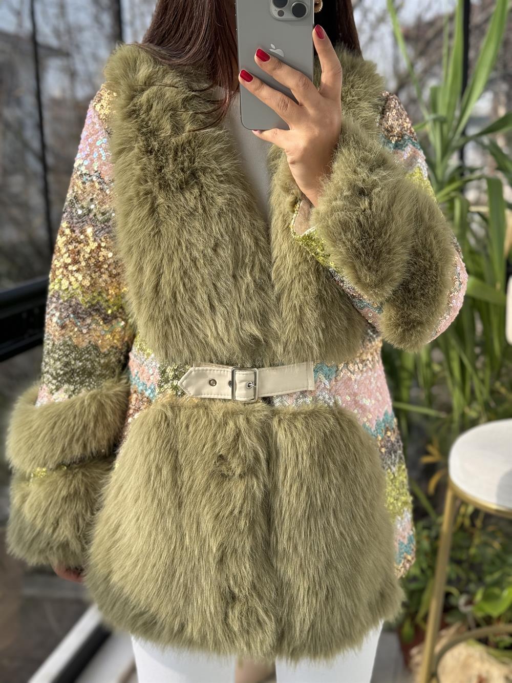 İthal Payetli Kemerli Kürk Yeşil